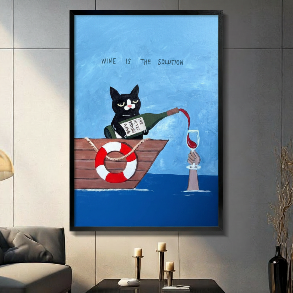 Wine Is The Solution Cat Canvas Wall Art