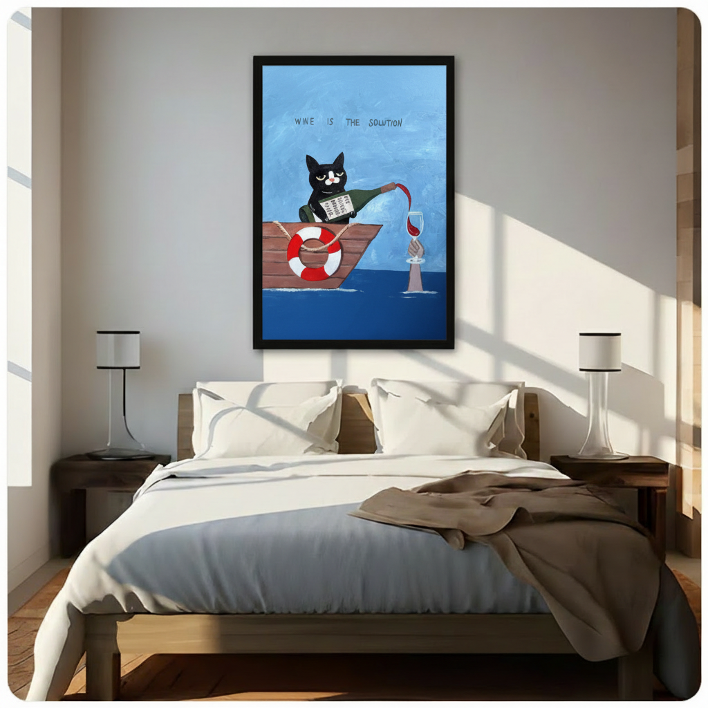 Wine Is The Solution Cat Canvas Wall Art