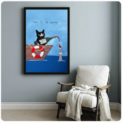 Wine Is The Solution Cat Canvas Wall Art