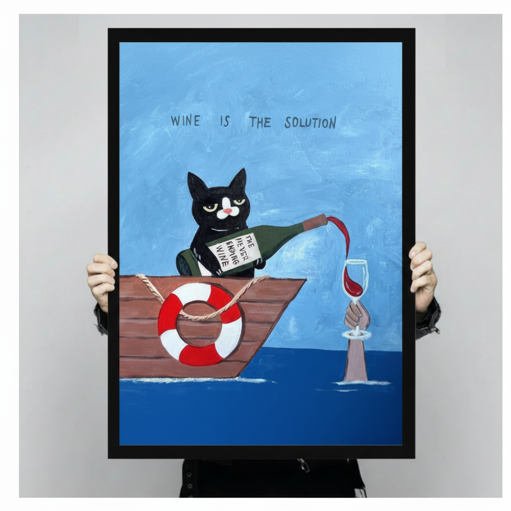 Wine Is The Solution Cat Canvas Wall Art