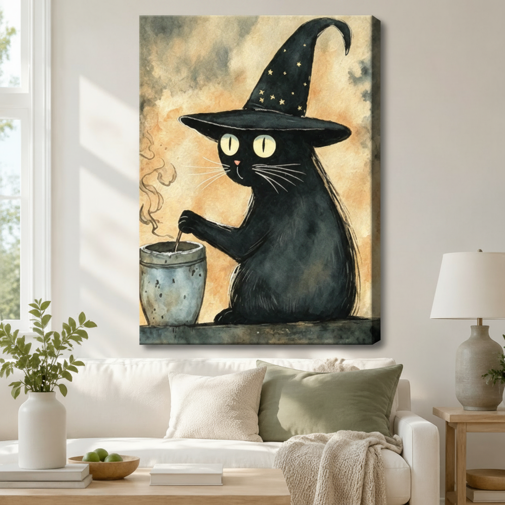 Witch Cat Cauldron Watercolor Whimsical Canvas Art