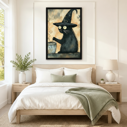 Witch Cat Cauldron Watercolor Whimsical Canvas Art