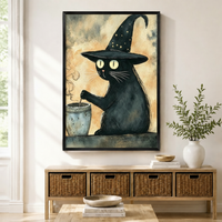 Witch Cat Cauldron Watercolor Whimsical Canvas Art