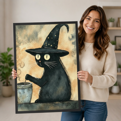 Witch Cat Cauldron Watercolor Whimsical Canvas Art