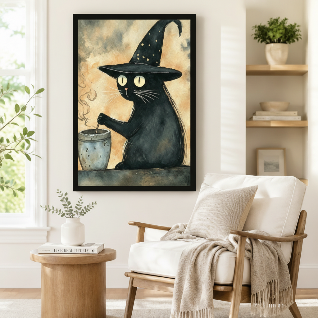 Witch Cat Cauldron Watercolor Whimsical Canvas Art