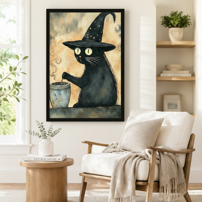 Witch Cat Cauldron Watercolor Whimsical Canvas Art