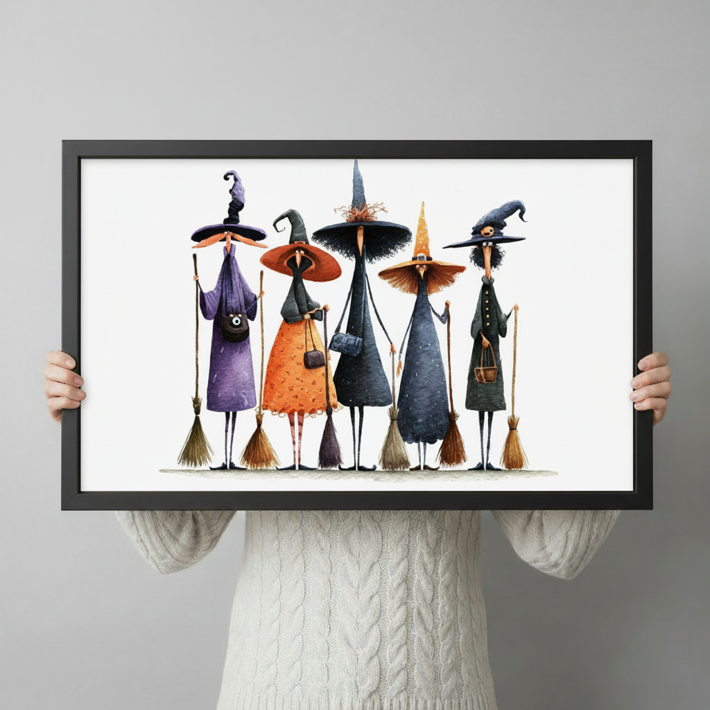 Whimsical Witch Squad Watercolor Canvas Wall Art