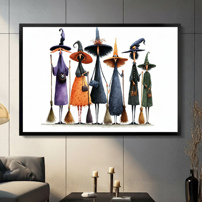 Whimsical Witch Squad Watercolor Canvas Wall Art
