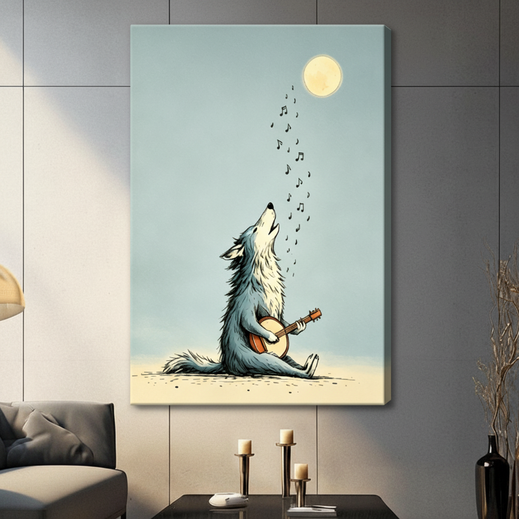 Howling Wolf Banjo Moon Whimsical Canvas Art Wall Art
