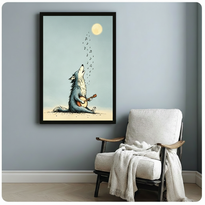 Howling Wolf Banjo Moon Whimsical Canvas Art Wall Art
