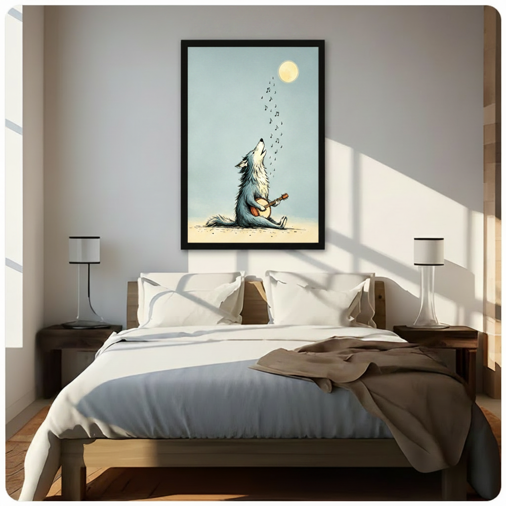 Howling Wolf Banjo Moon Whimsical Canvas Art Wall Art