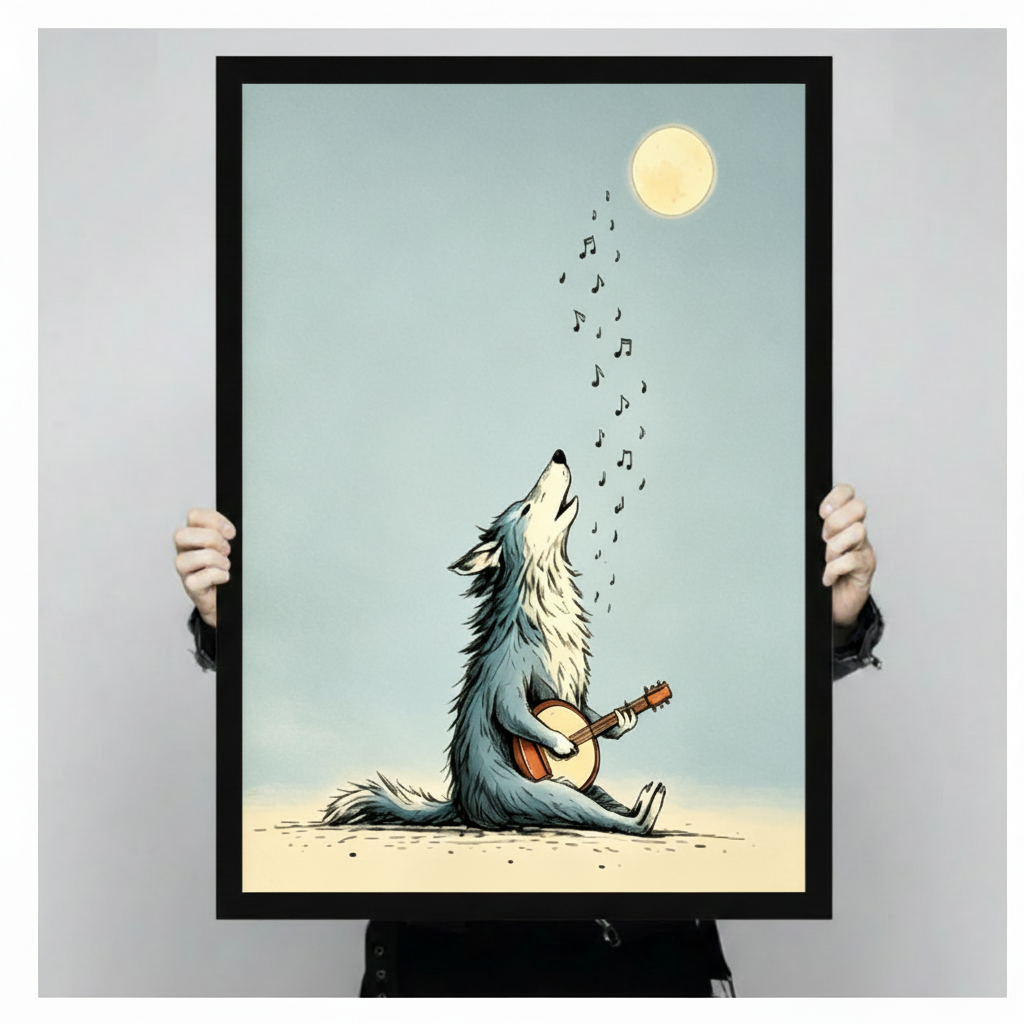 Howling Wolf Banjo Moon Whimsical Canvas Art Wall Art
