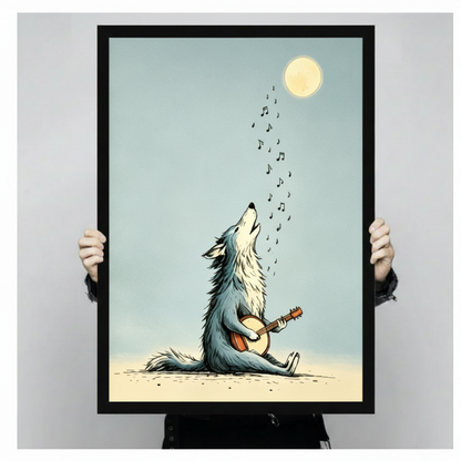 Howling Wolf Banjo Moon Whimsical Canvas Art Wall Art