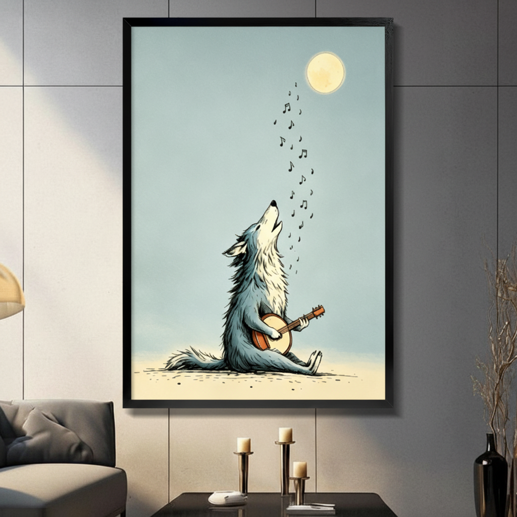 Howling Wolf Banjo Moon Whimsical Canvas Art Wall Art