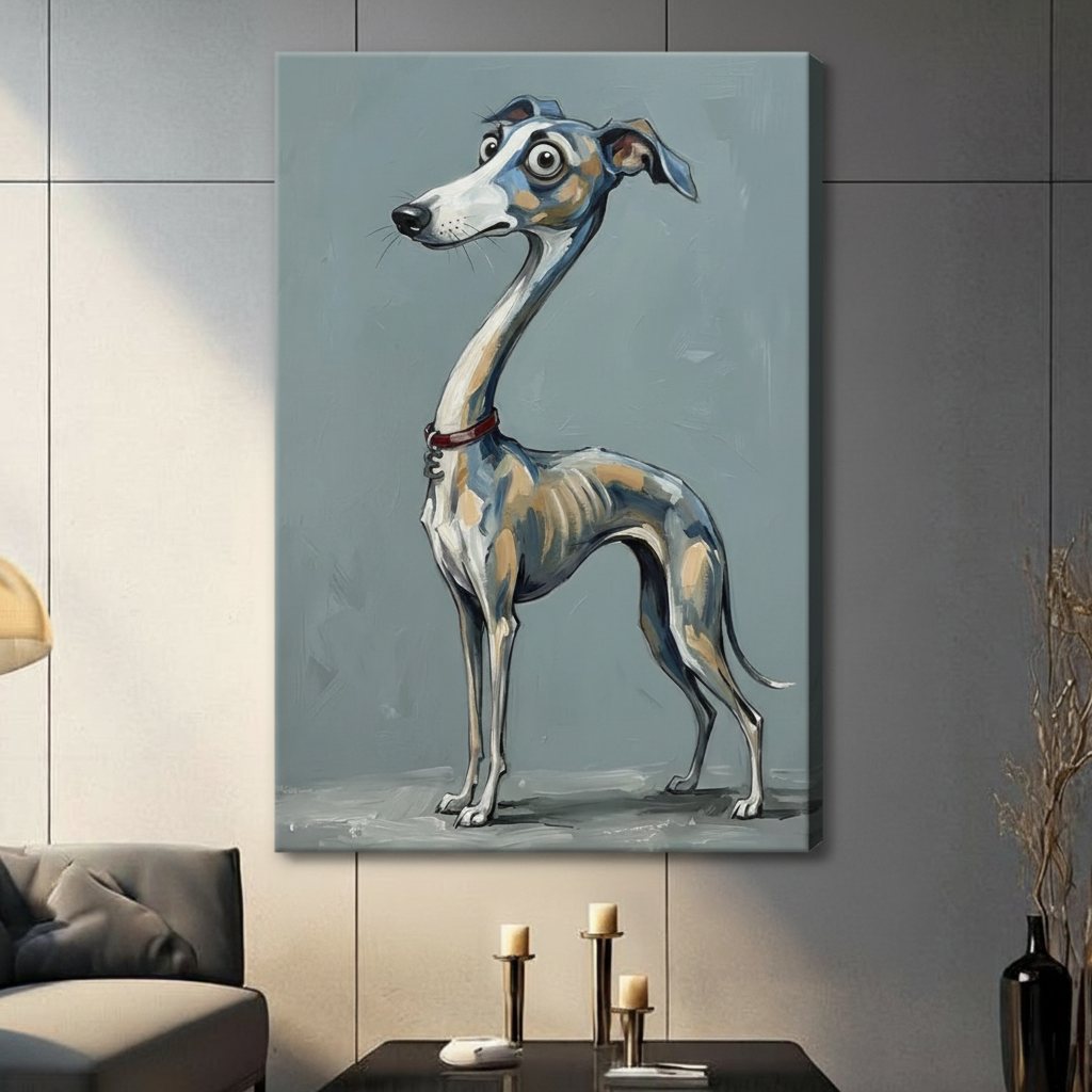 Funny Whippet Dog Portrait Framed Canvas Wall Art