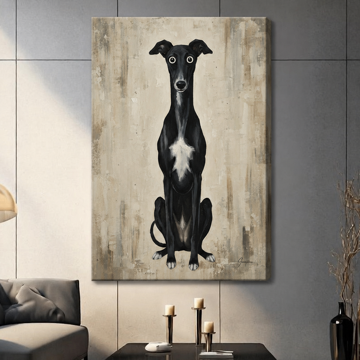 Black Greyhound Whimsical Dog Canvas Art Wall Art