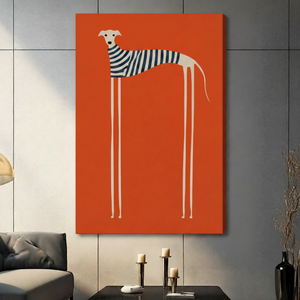 Minimalist Greyhound Striped Sweater Orange Canvas Wall Art