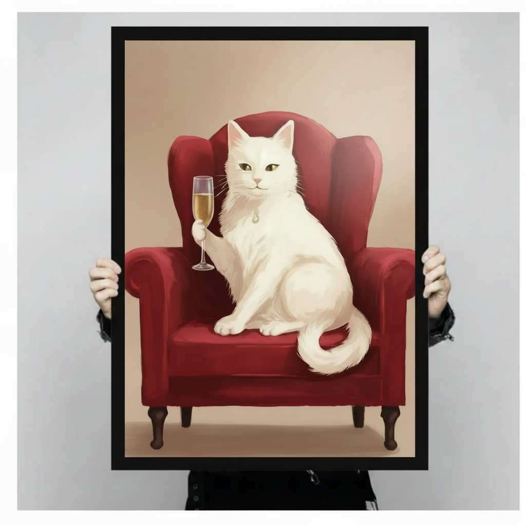Elegant White Cat Champagne Canvas Wall Art