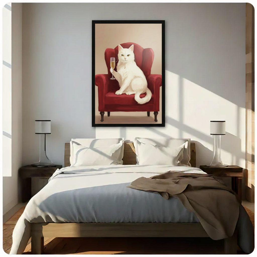 Elegant White Cat Champagne Canvas Wall Art