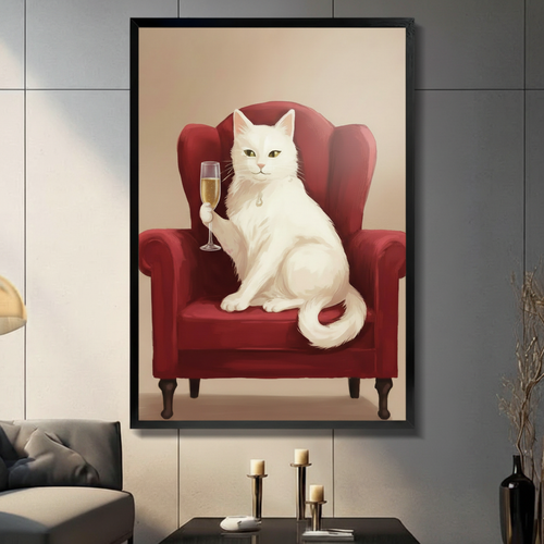 Elegant White Cat Champagne Canvas Wall Art