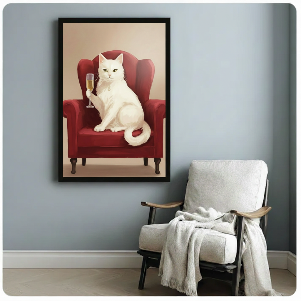 Elegant White Cat Champagne Canvas Wall Art