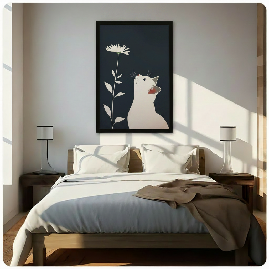 White Cat Daisy Dark Navy Minimalist Canvas Print