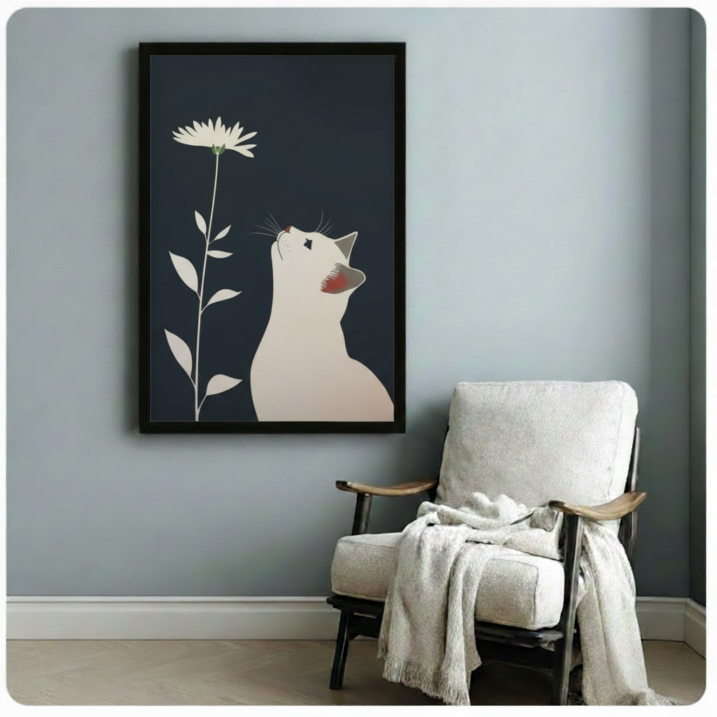 White Cat Daisy Dark Navy Minimalist Canvas Print