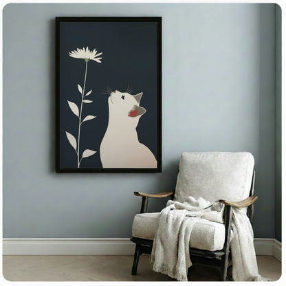 White Cat Daisy Dark Navy Minimalist Canvas Print
