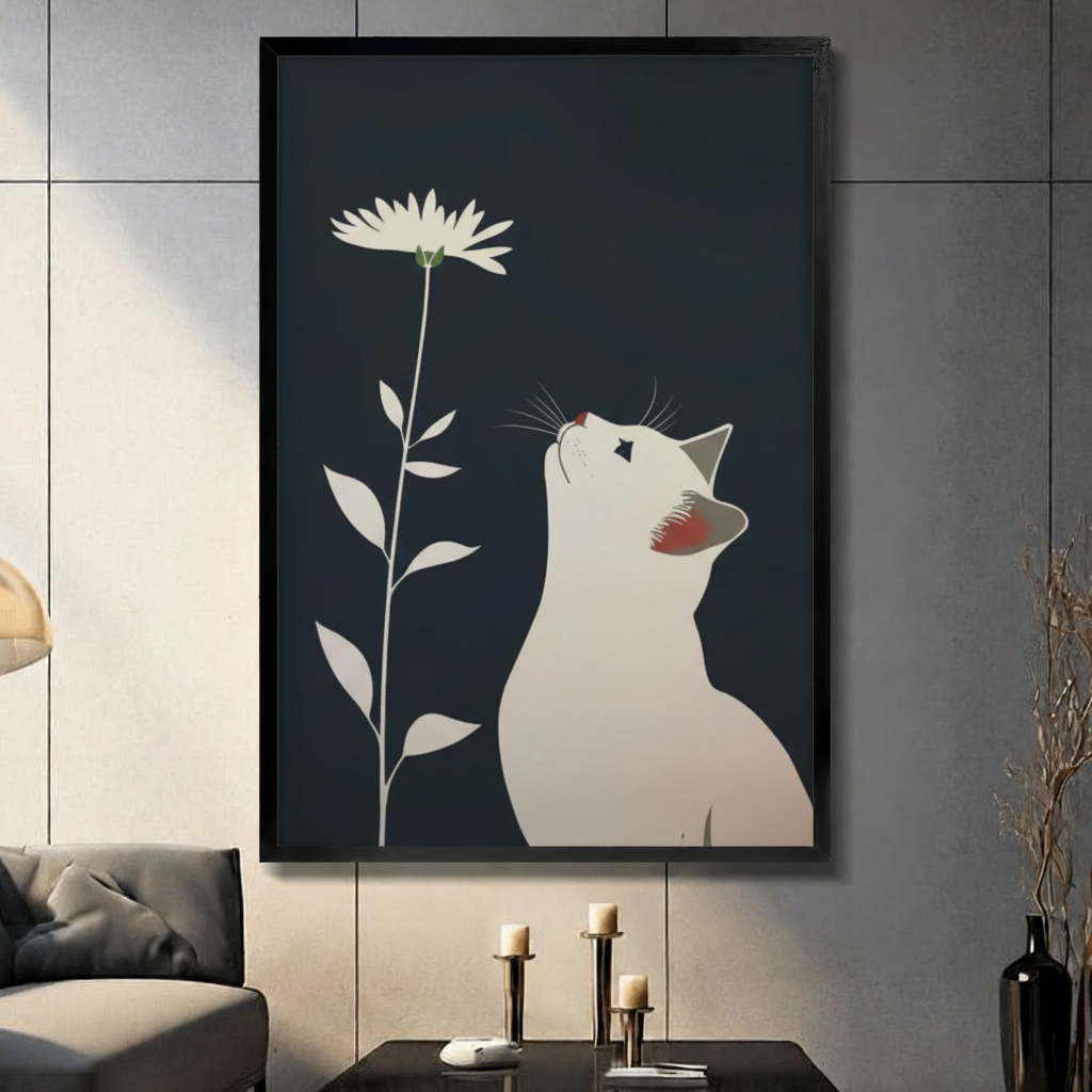 White Cat Daisy Dark Navy Minimalist Canvas Print