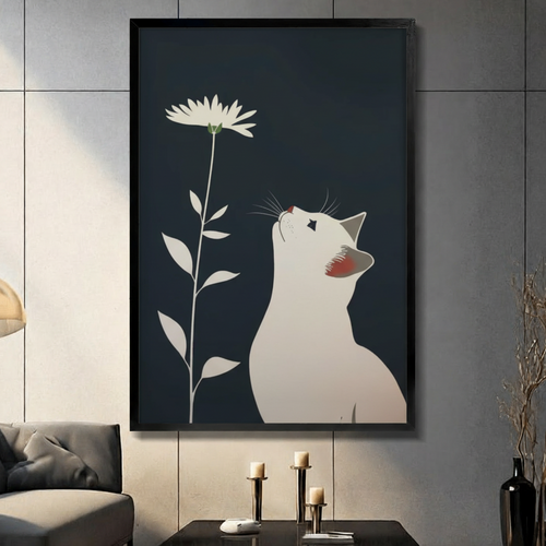 White Cat Daisy Dark Navy Minimalist Canvas Print