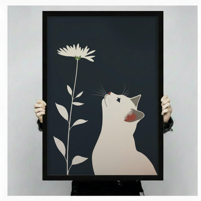 White Cat Daisy Dark Navy Minimalist Canvas Print