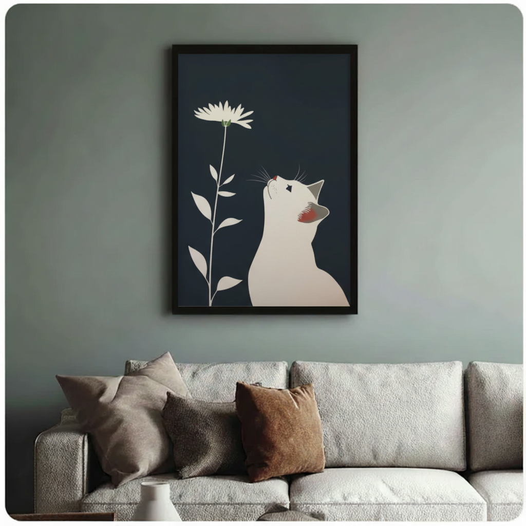 White Cat Daisy Dark Navy Minimalist Canvas Print