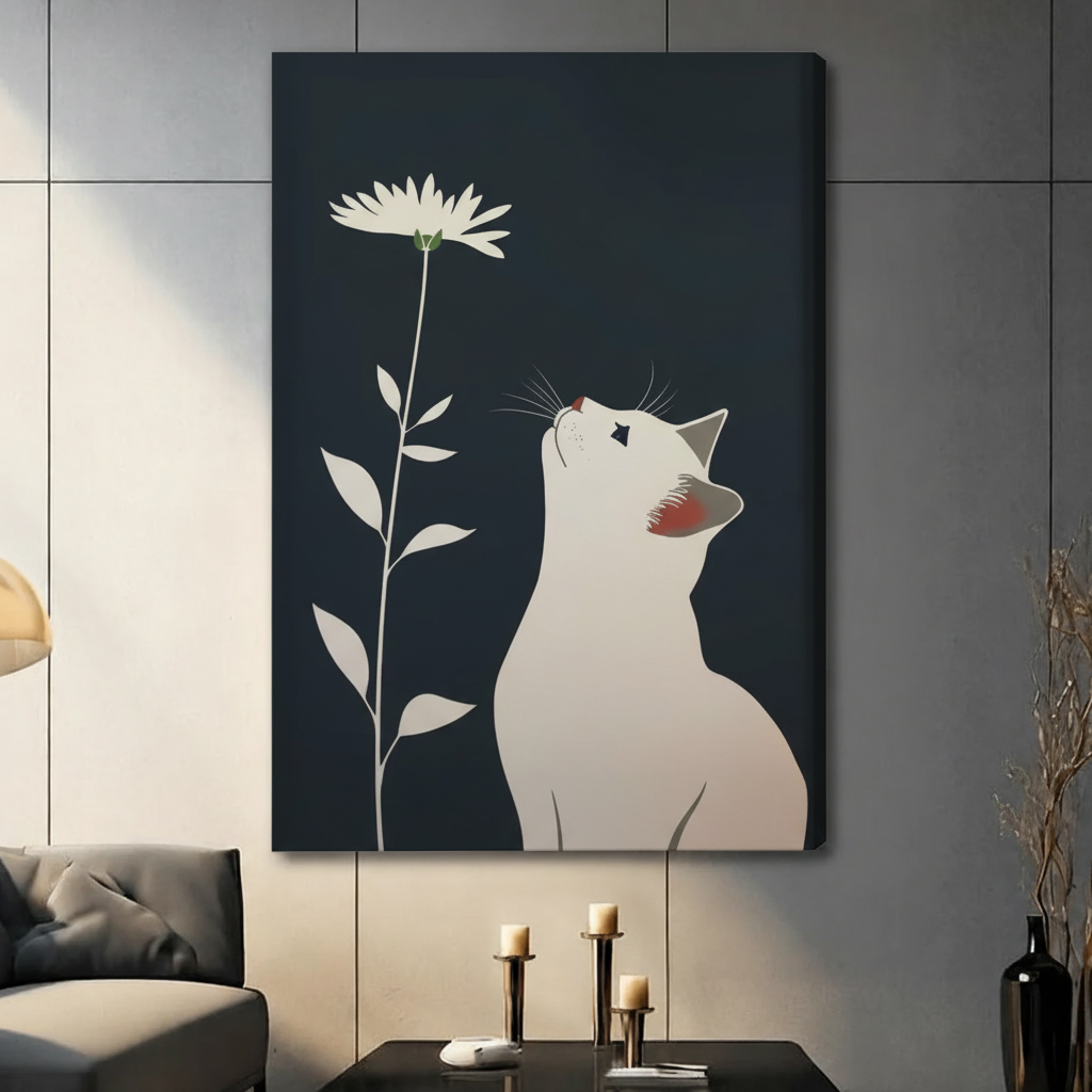 White Cat Daisy Dark Navy Minimalist Canvas Print