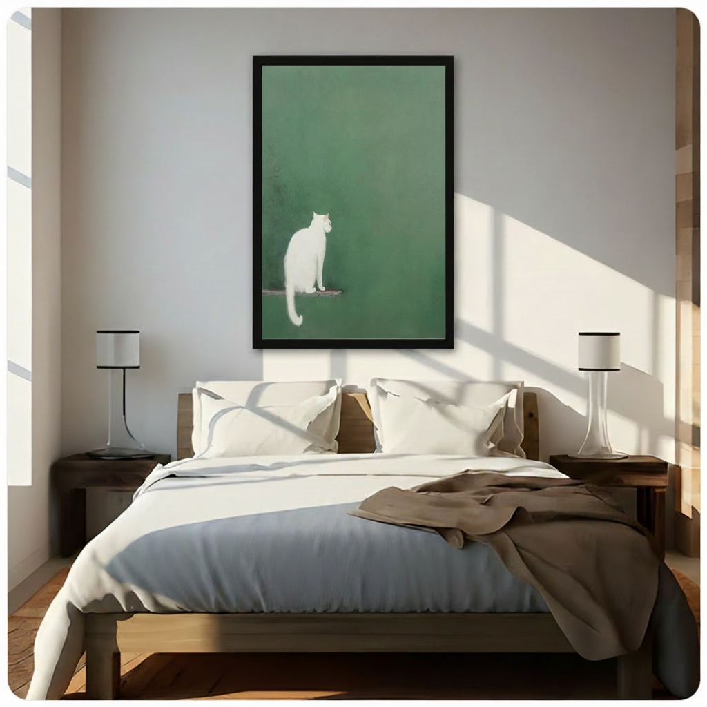 White Cat Green Wall Minimalist Wabi-Sabi Canvas Print