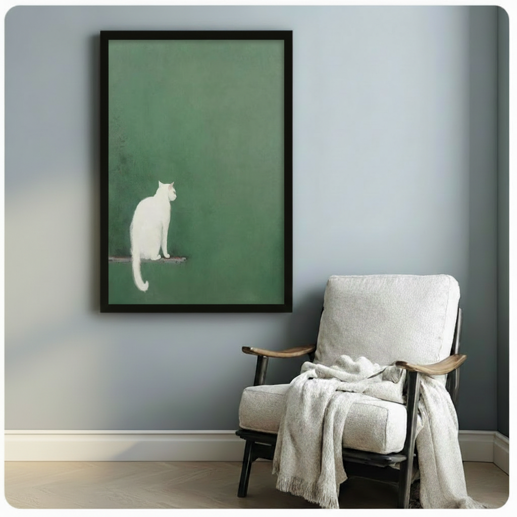 White Cat Green Wall Minimalist Wabi-Sabi Canvas Print