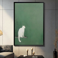 White Cat Green Wall Minimalist Wabi-Sabi Canvas Print