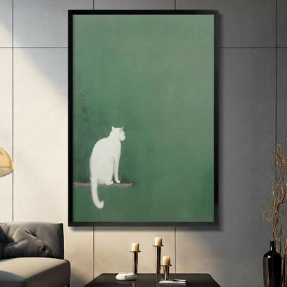 White Cat Green Wall Minimalist Wabi-Sabi Canvas Print