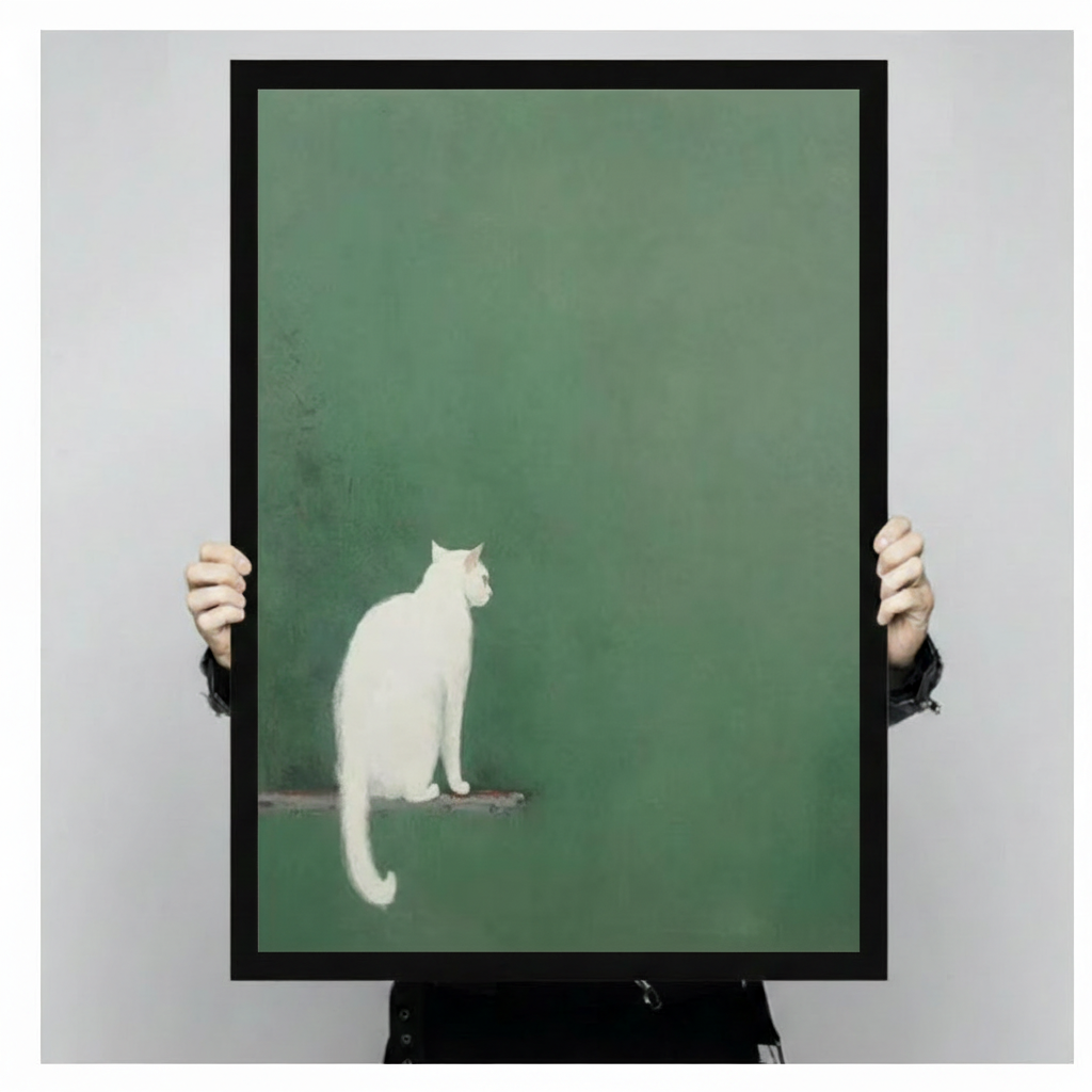 White Cat Green Wall Minimalist Wabi-Sabi Canvas Print