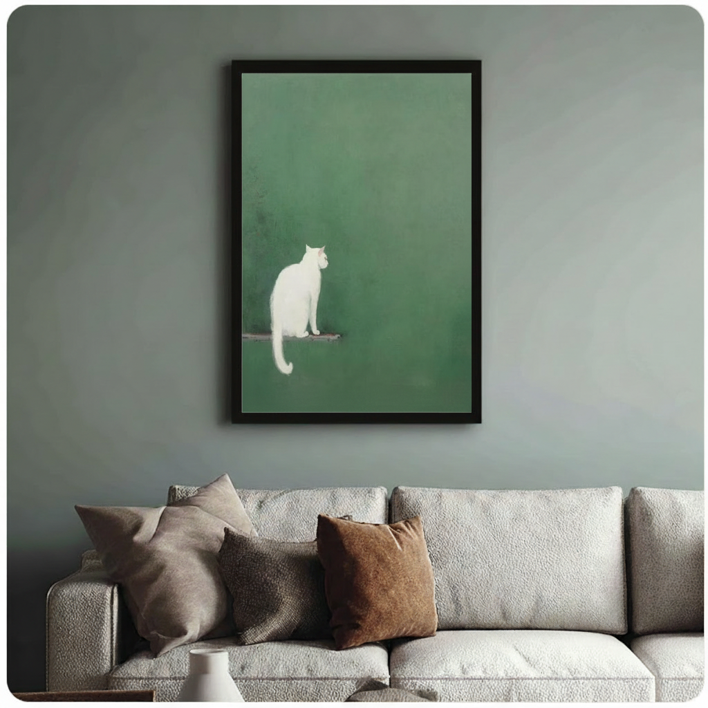 White Cat Green Wall Minimalist Wabi-Sabi Canvas Print
