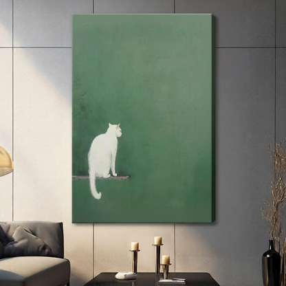 White Cat Green Wall Minimalist Wabi-Sabi Canvas Print