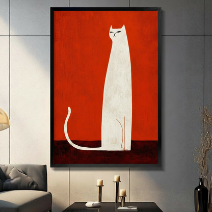 Bold White Cat Red Canvas Wall Art