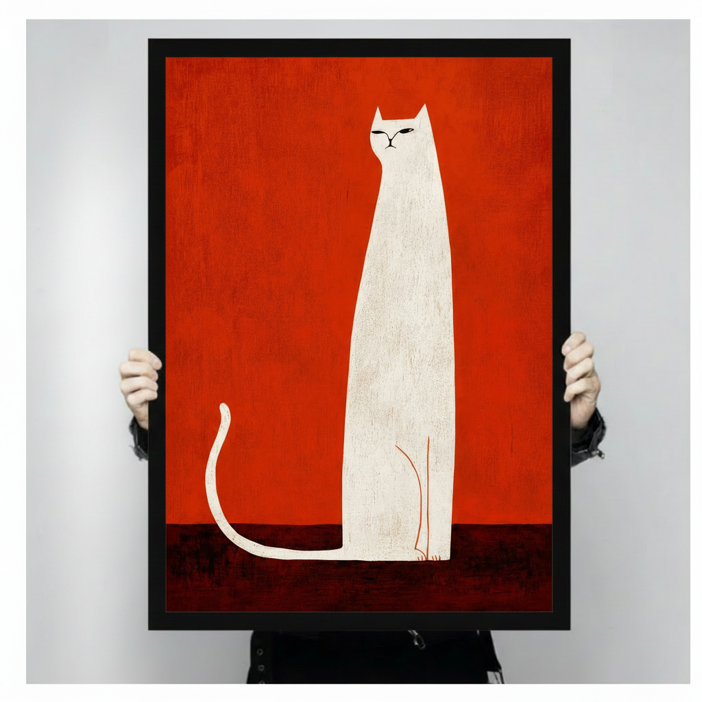 Bold White Cat Red Canvas Wall Art