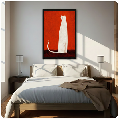 Bold White Cat Red Canvas Wall Art
