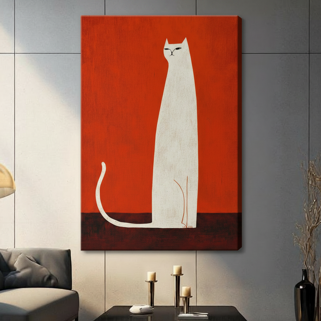 Bold White Cat Red Canvas Wall Art