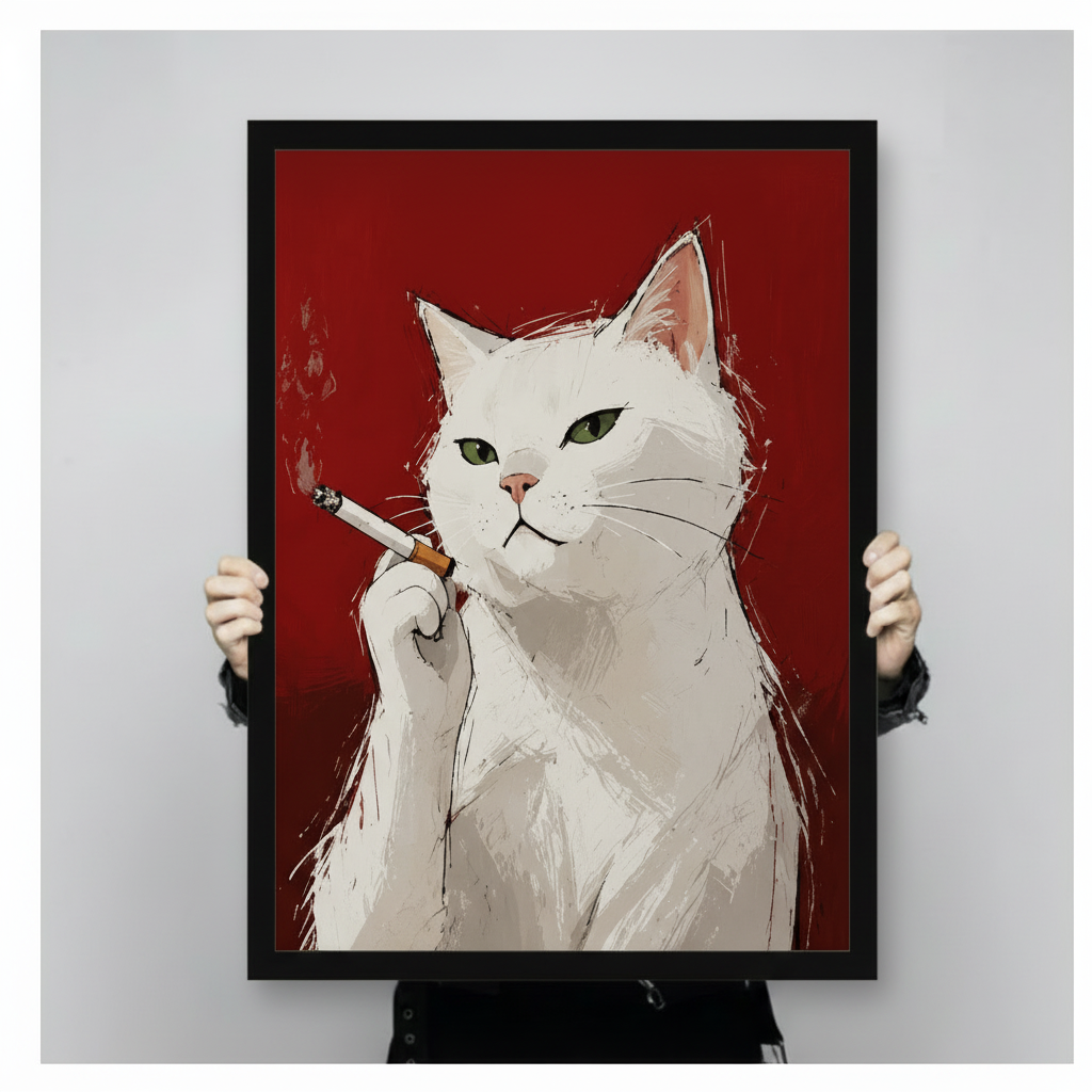 White Cat Smoking Bold Red Canvas Art Wall Art