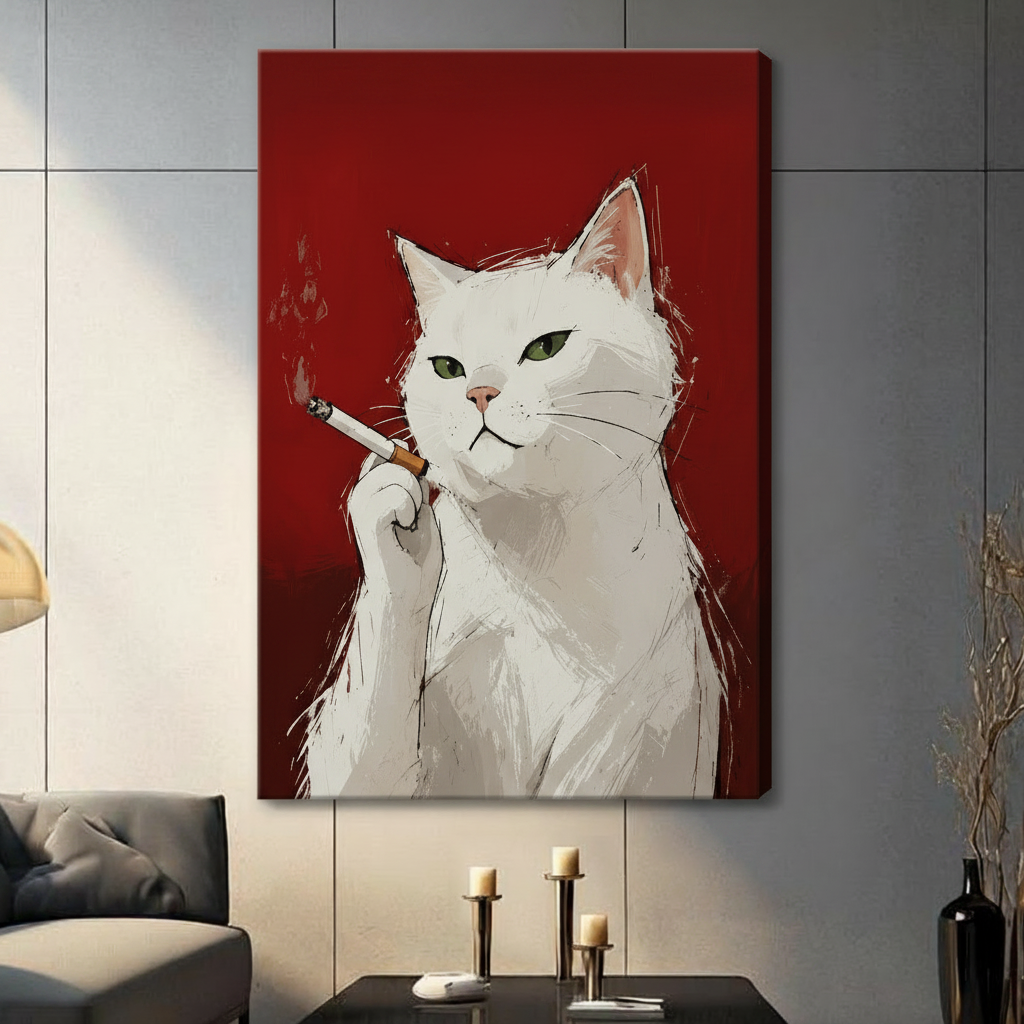 White Cat Smoking Bold Red Canvas Art Wall Art