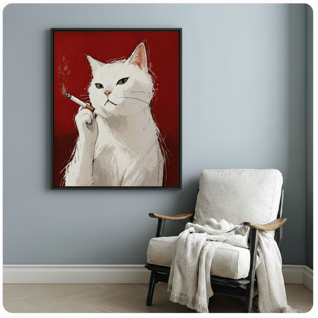 White Cat Smoking Bold Red Canvas Art Wall Art