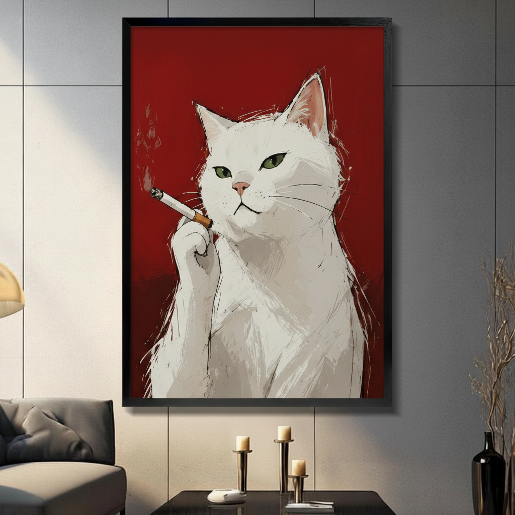 White Cat Smoking Bold Red Canvas Art Wall Art
