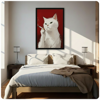 White Cat Smoking Bold Red Canvas Art Wall Art