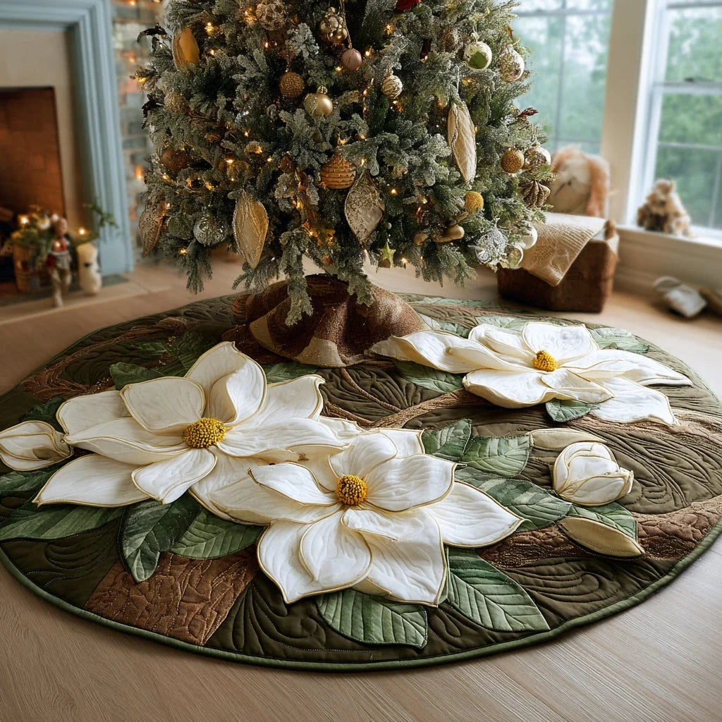 White Christmas Magnolia Christmas Quilted Tree Skirt